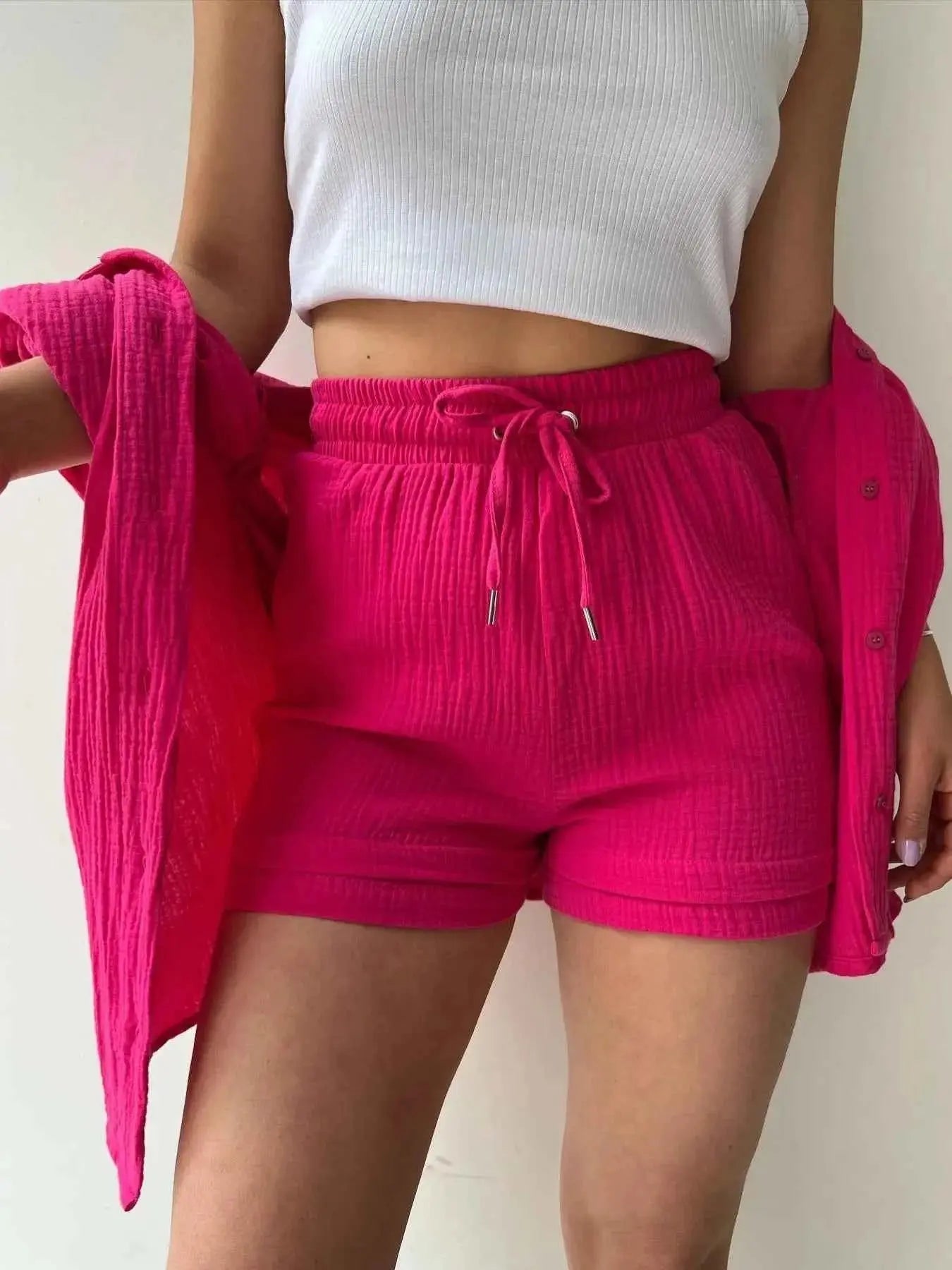 Textured Button Up Shirt and Shorts Set