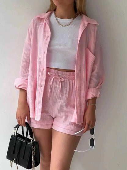 Textured Button Up Shirt and Shorts Set