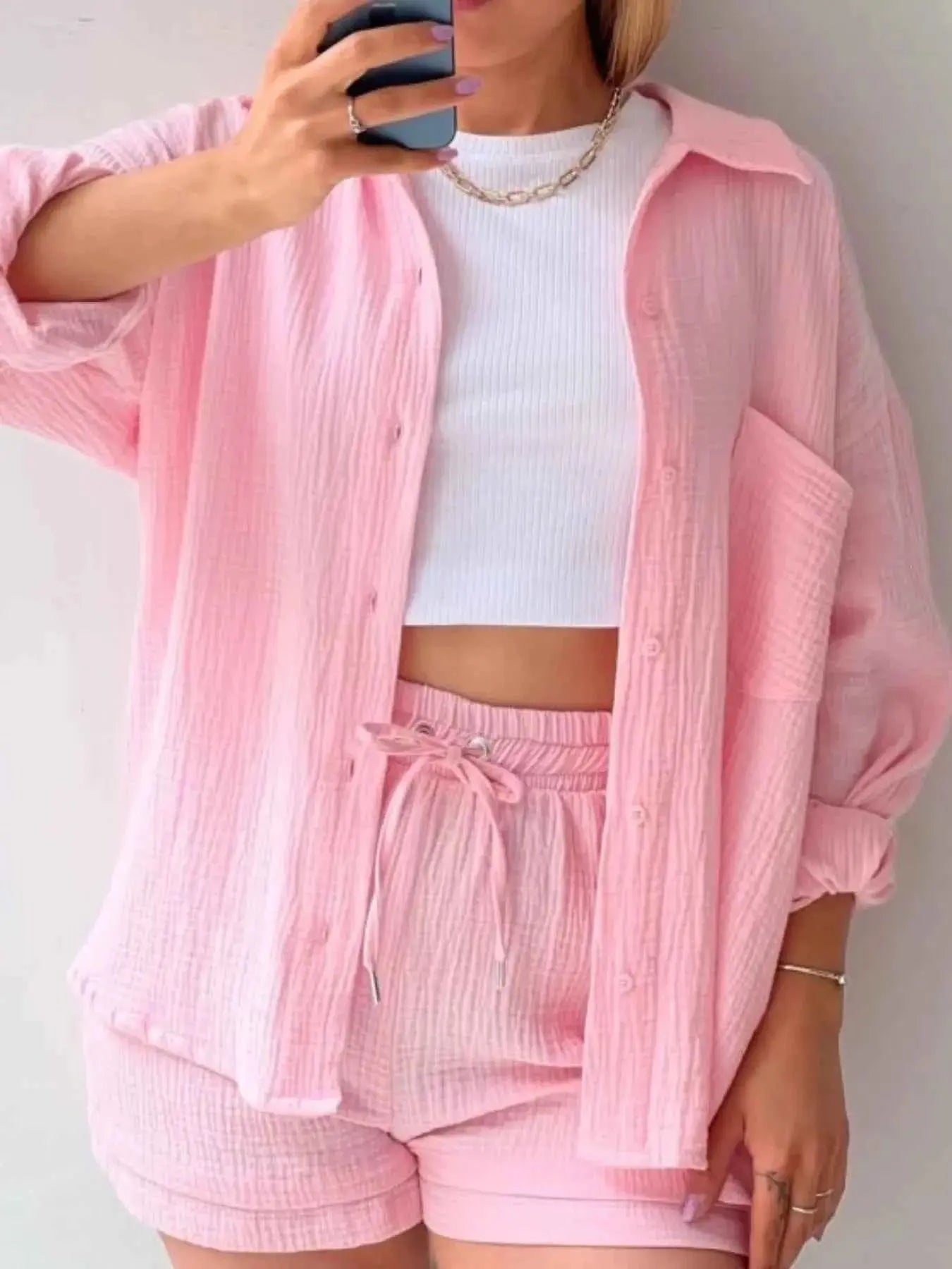 Textured Button Up Shirt and Shorts Set