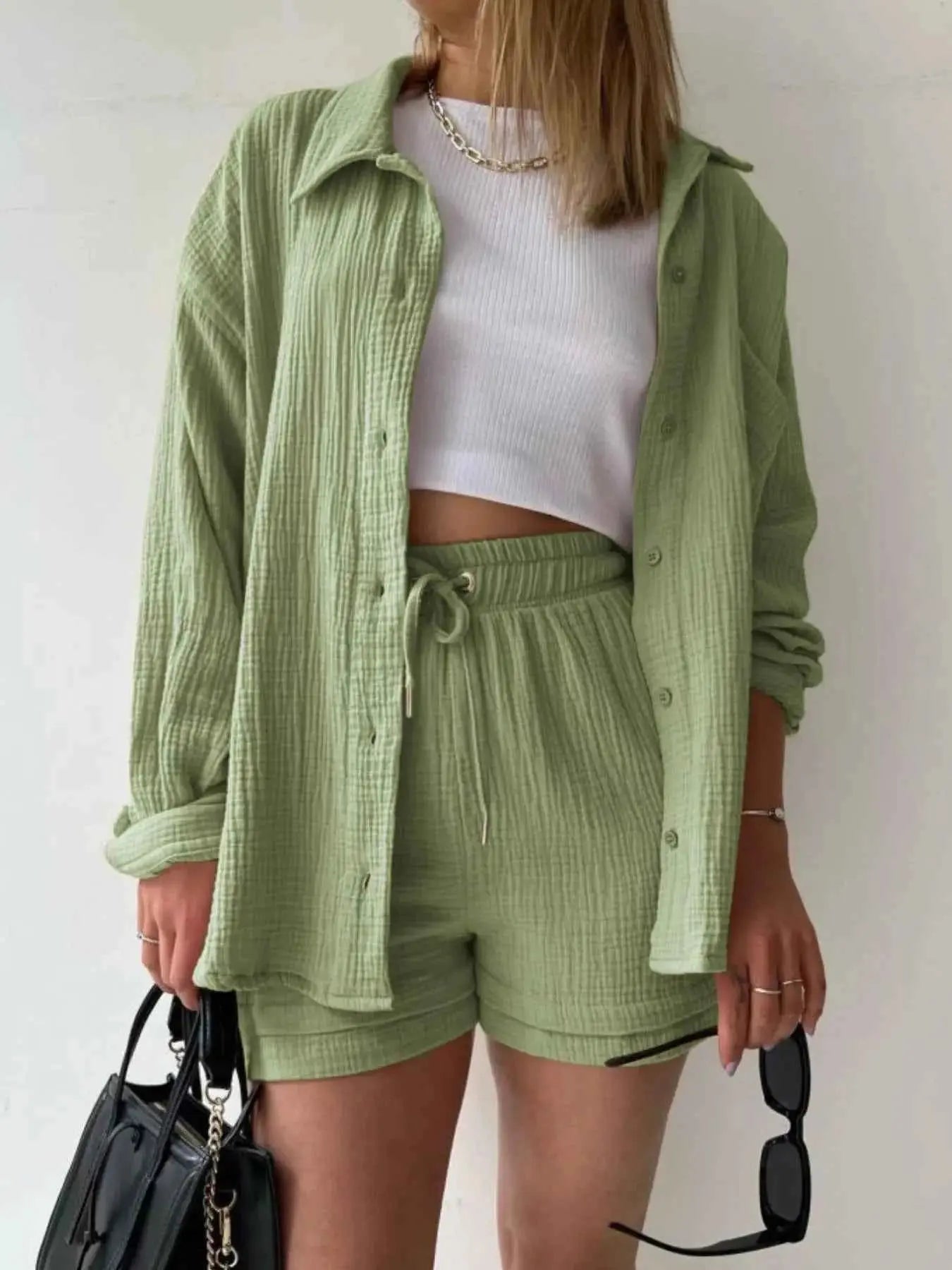 Textured Button Up Shirt and Shorts Set