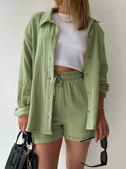 Textured Button Up Shirt and Shorts Set