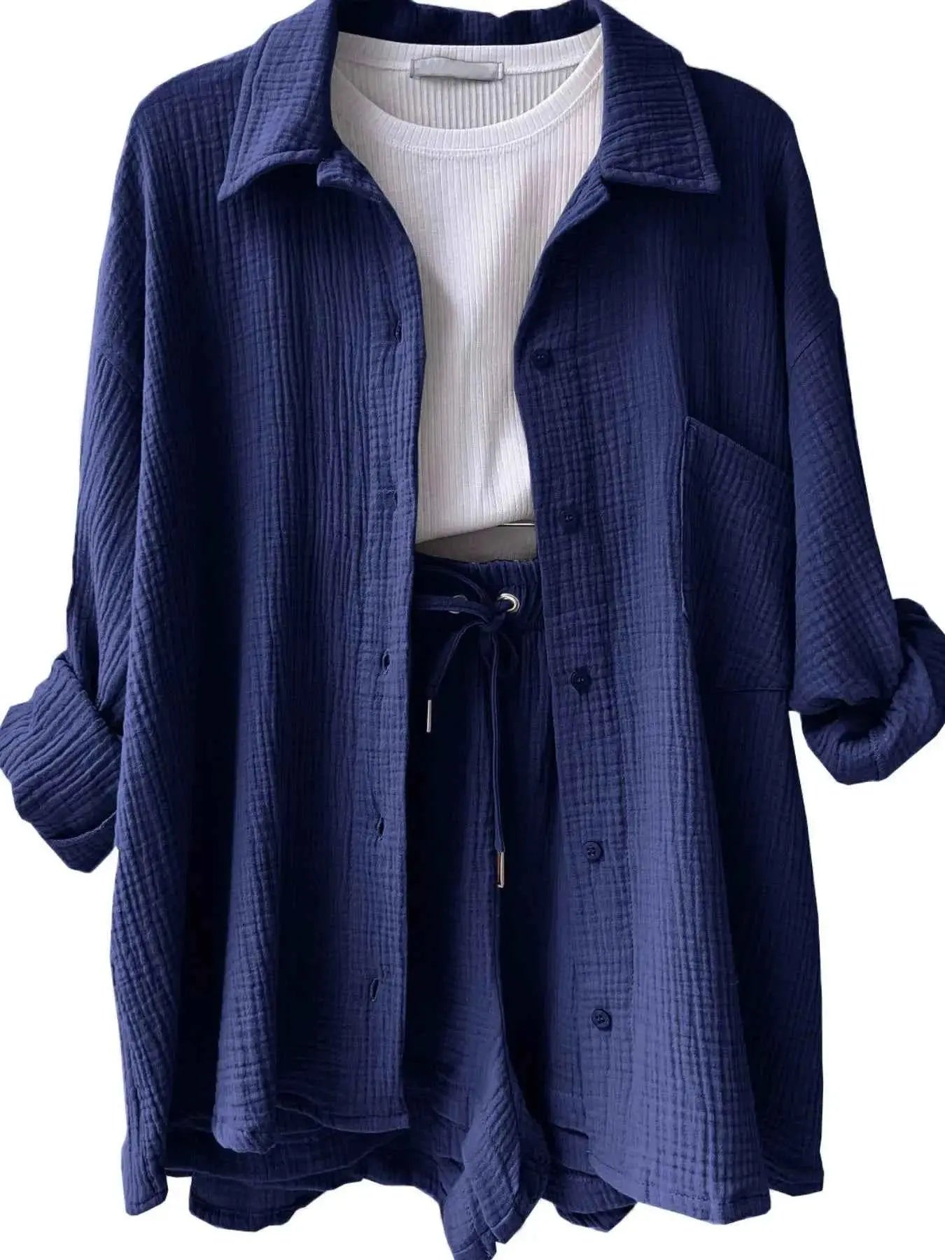 Textured Button Up Shirt and Shorts Set