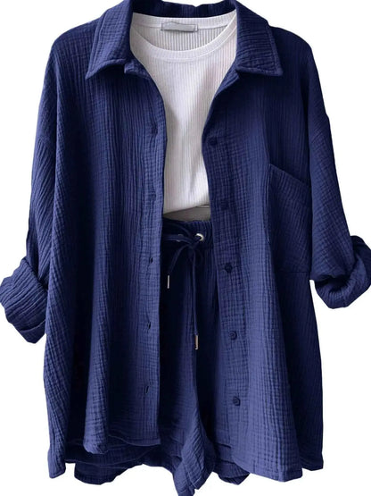 Textured Button Up Shirt and Shorts Set