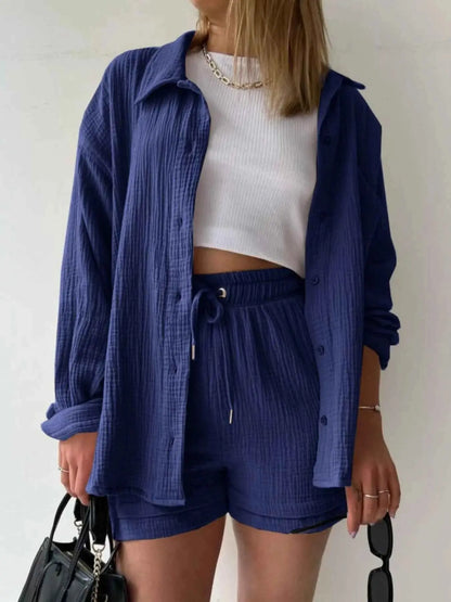 Textured Button Up Shirt and Shorts Set