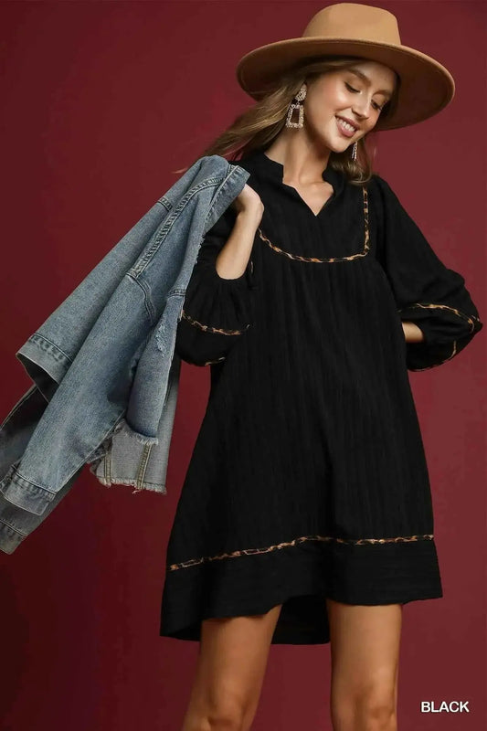 Umgee Full Size Textured Babydoll Dress with Leopard Trim Plus Size.