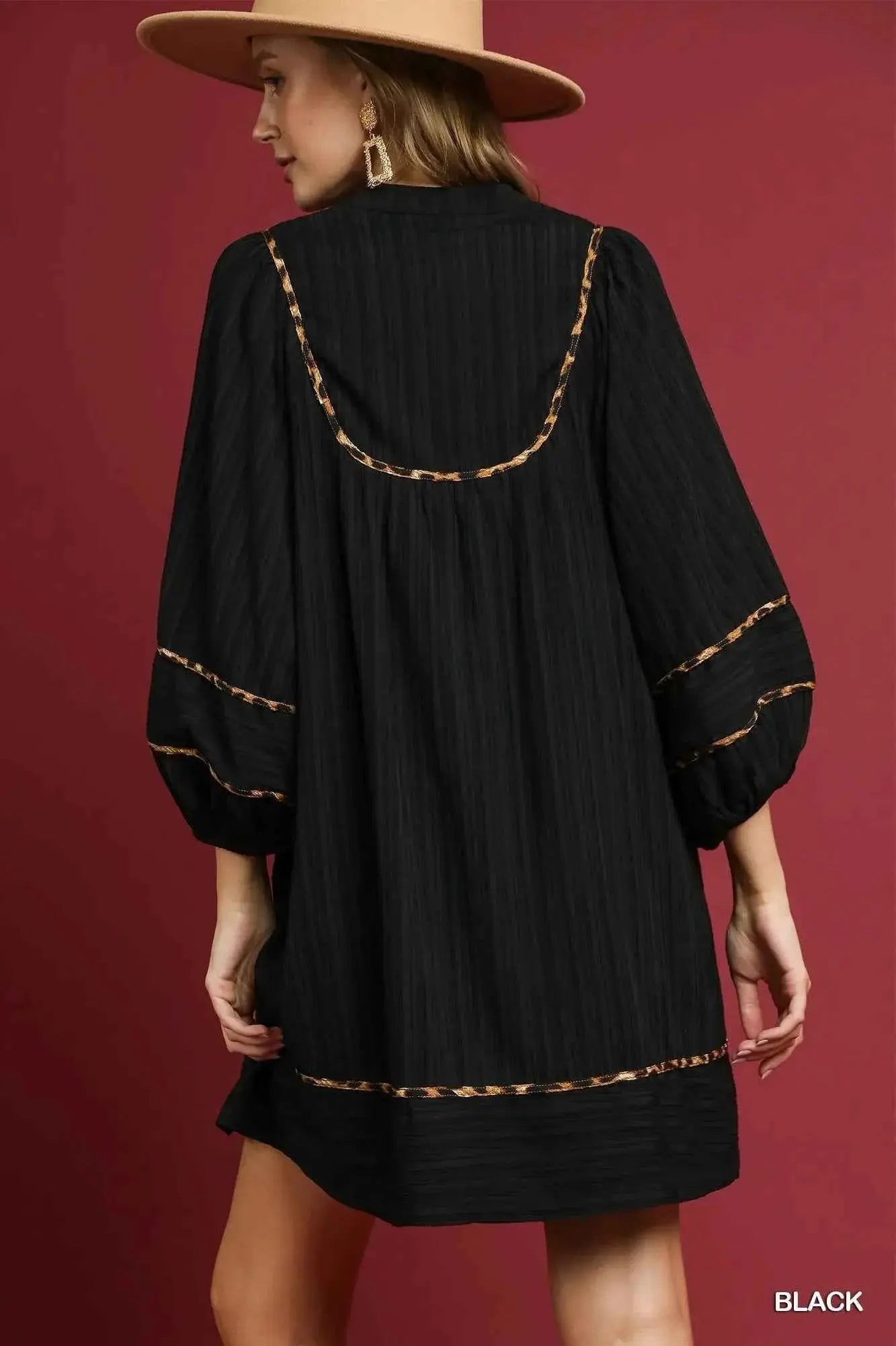 Umgee Full Size Textured Babydoll Dress with Leopard Trim Plus Size.