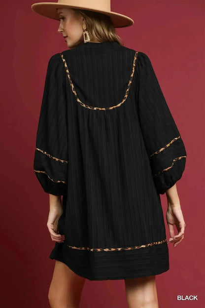 Umgee Full Size Textured Babydoll Dress with Leopard Trim Plus Size.