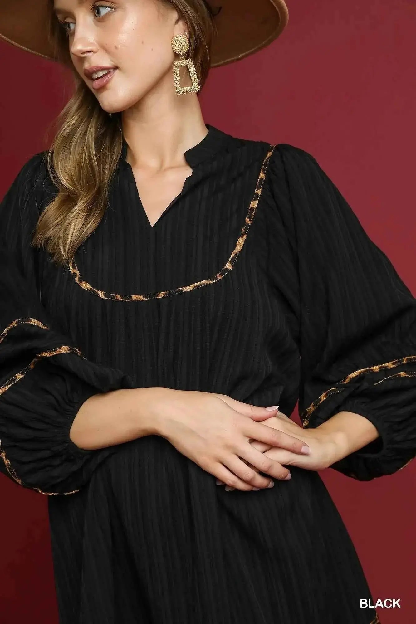 Umgee Full Size Textured Babydoll Dress with Leopard Trim Plus Size.