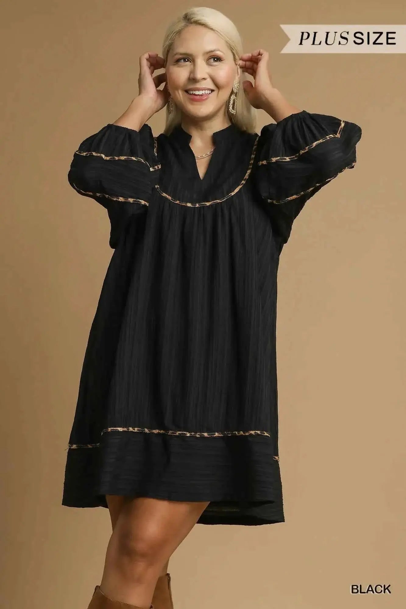 Umgee Full Size Textured Babydoll Dress with Leopard Trim Plus Size.