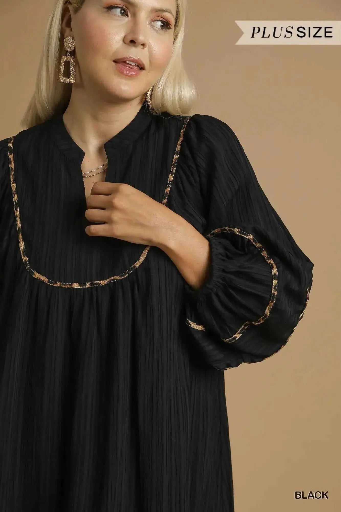 Umgee Full Size Textured Babydoll Dress with Leopard Trim Plus Size.