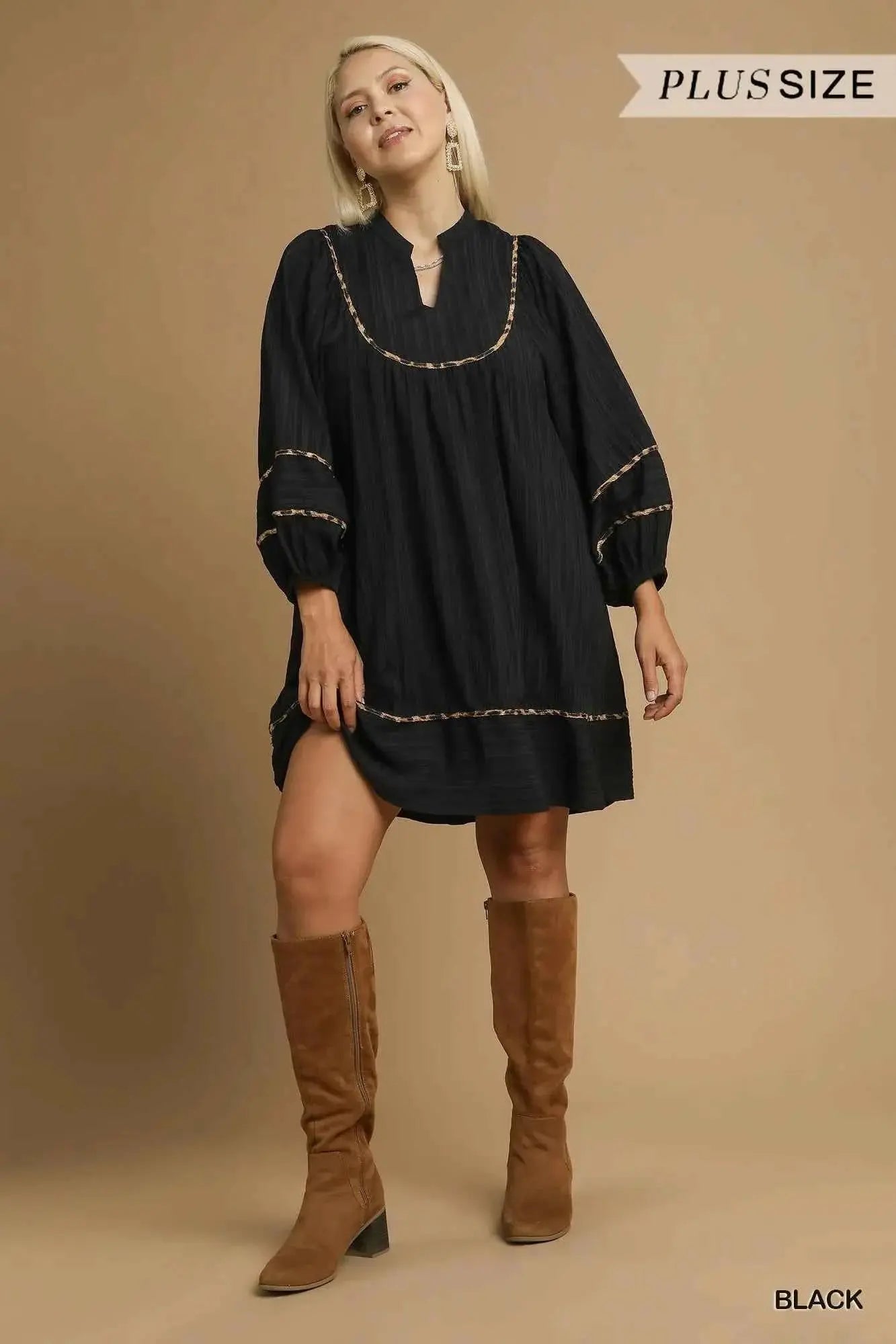 Umgee Full Size Textured Babydoll Dress with Leopard Trim Plus Size.