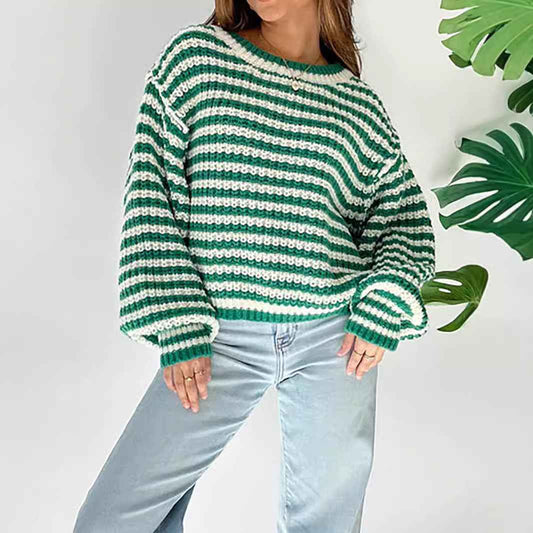 Vintage Stripe Knitted Round Neck Outerwear Loose Contrast Color Sweater - The elite ways