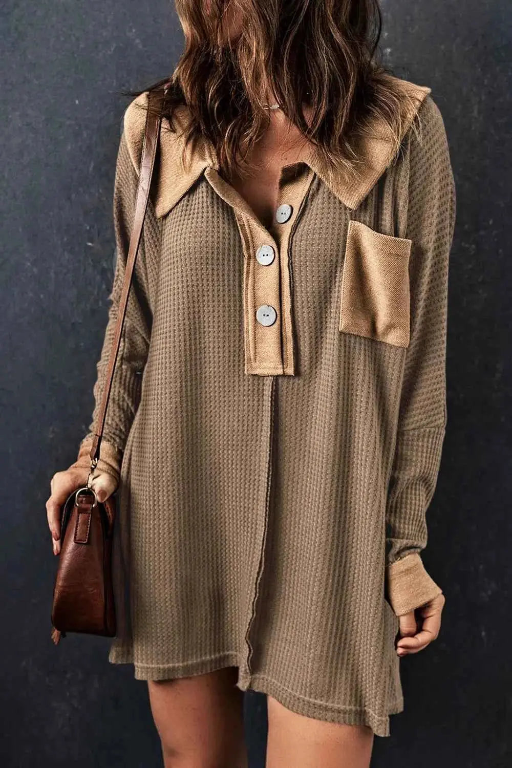 Waffle Knit Button Front Dress.