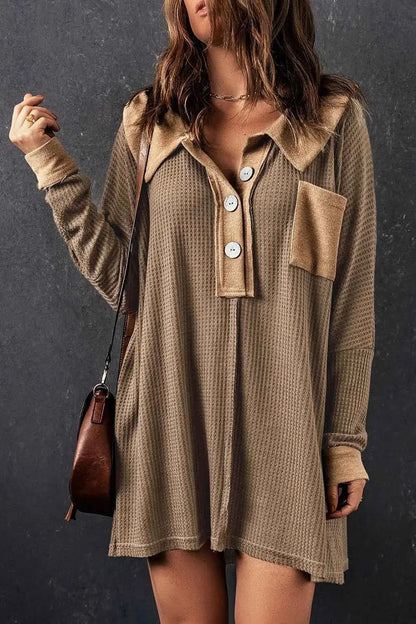 Waffle Knit Button Front Dress.