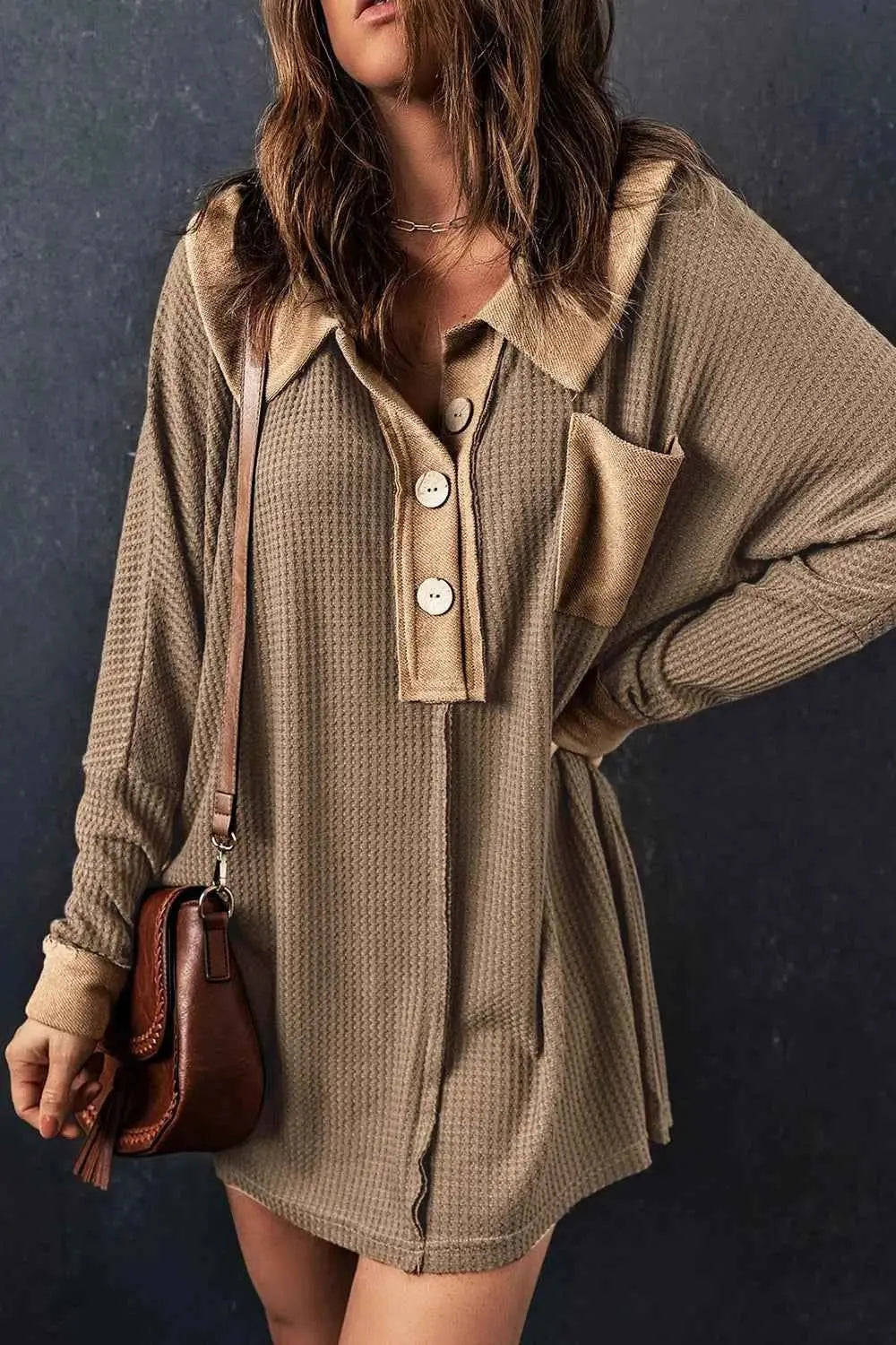 Waffle Knit Button Front Dress.