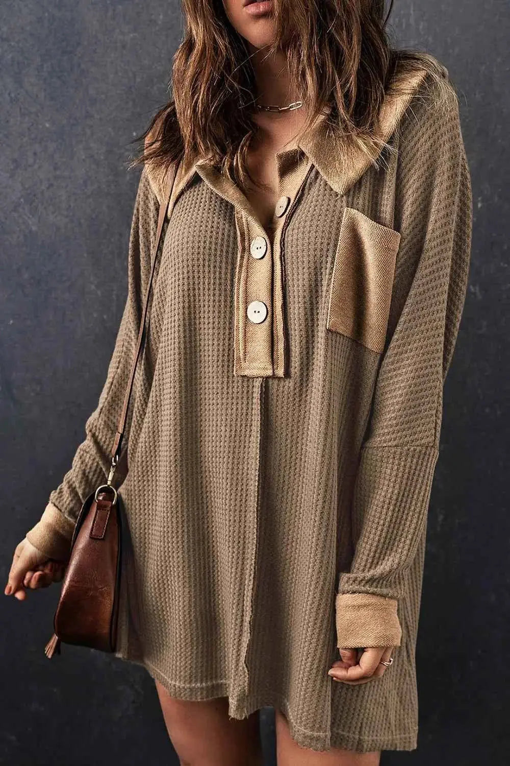 Waffle Knit Button Front Dress.