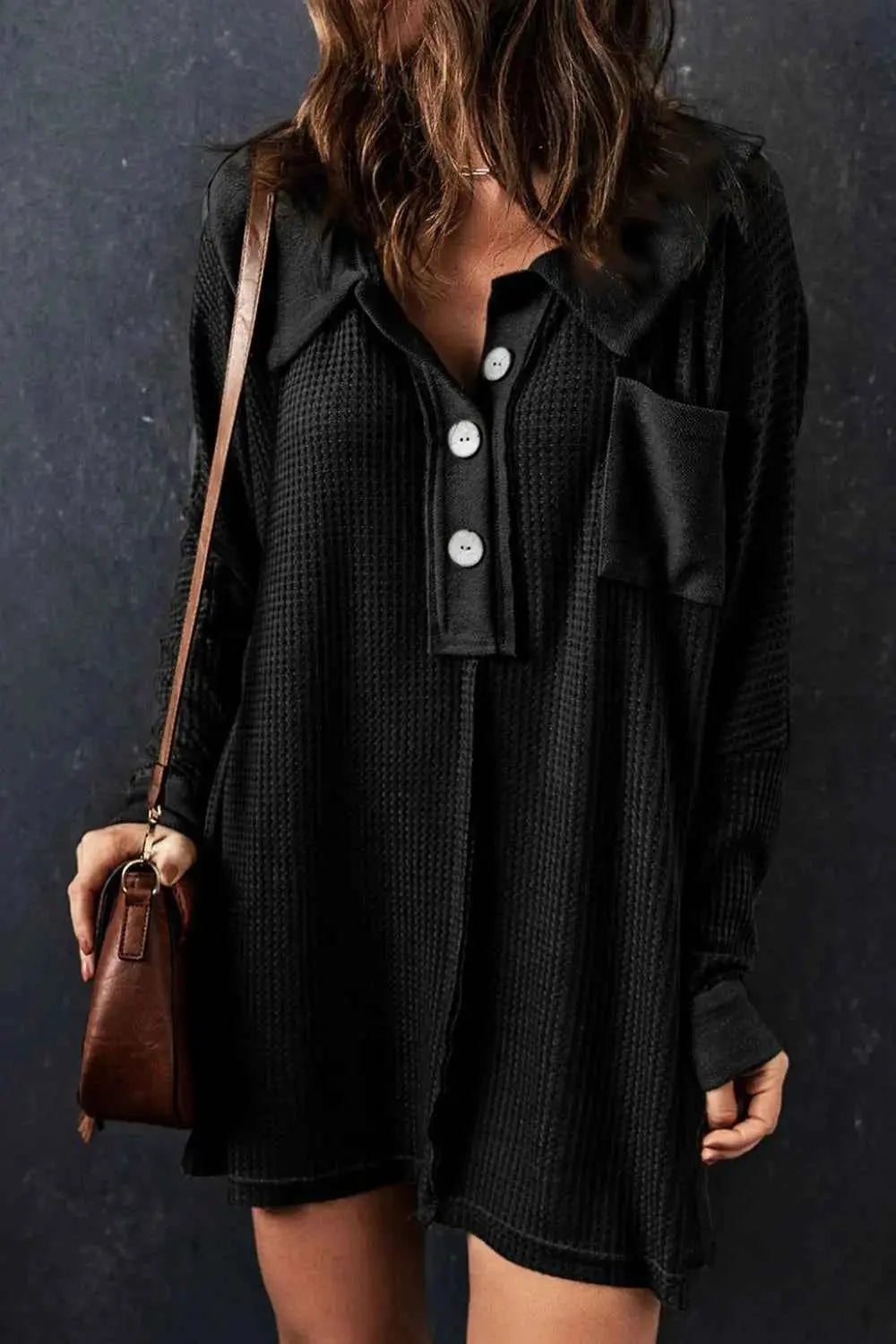 Waffle Knit Button Front Dress.