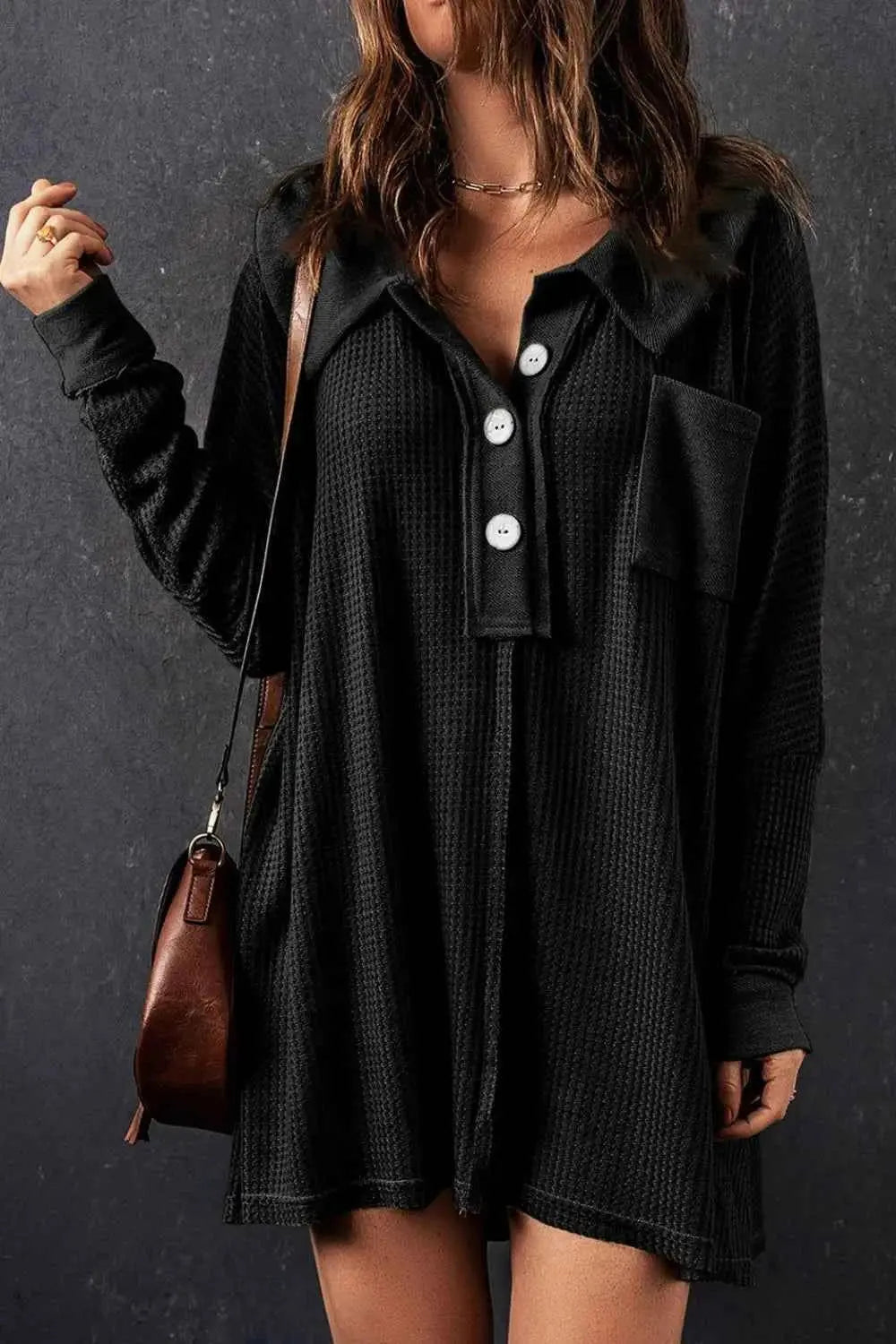 Waffle Knit Button Front Dress.