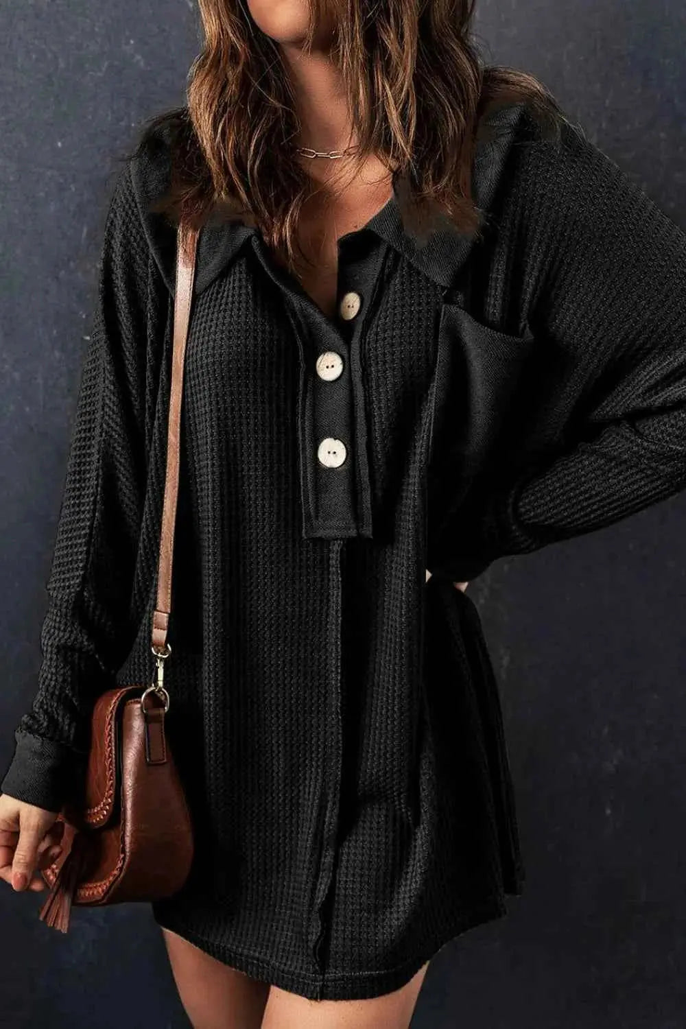 Waffle Knit Button Front Dress.