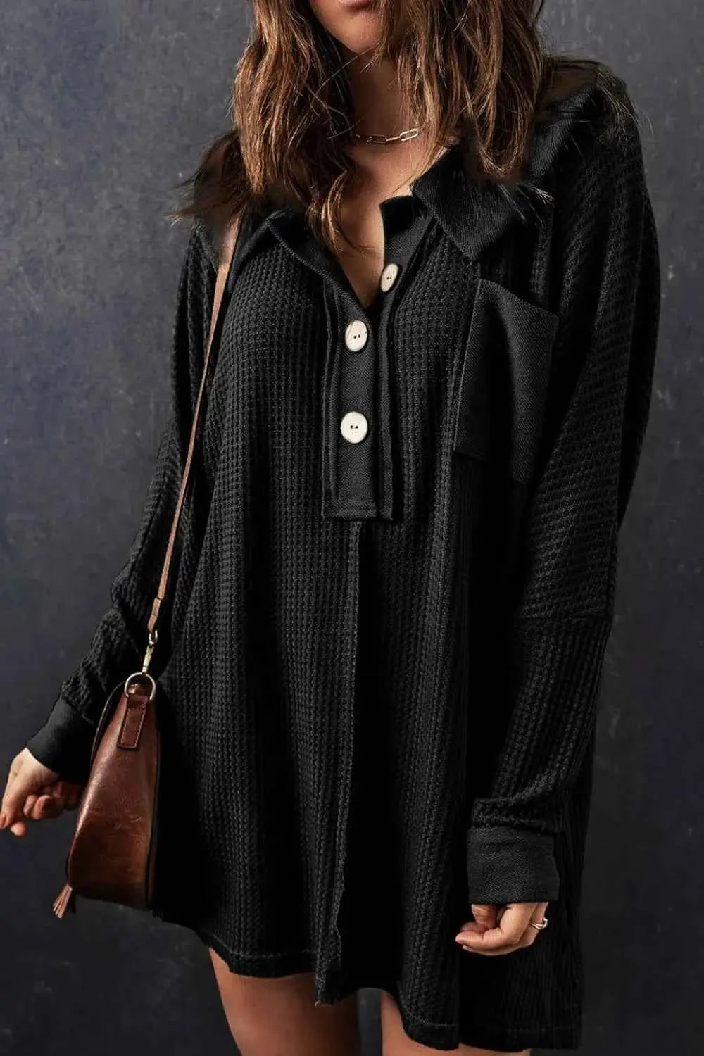 Waffle Knit Button Front Dress.