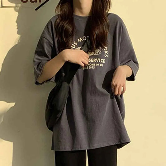 Women Short Sleeve T-shirts Print Casual Korean Style Fashion Harajuku Loose O-neck Student Streetwear All-match Simple Alamode