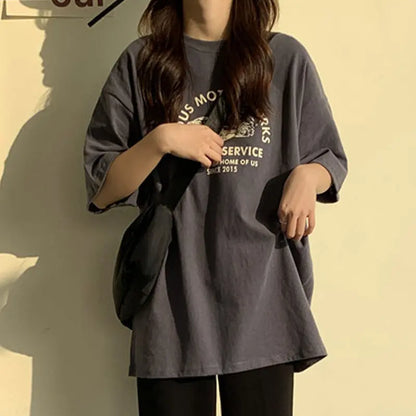 Women Short Sleeve T-shirts Print Casual Korean Style Fashion Harajuku Loose O-neck Student Streetwear All-match Simple Alamode