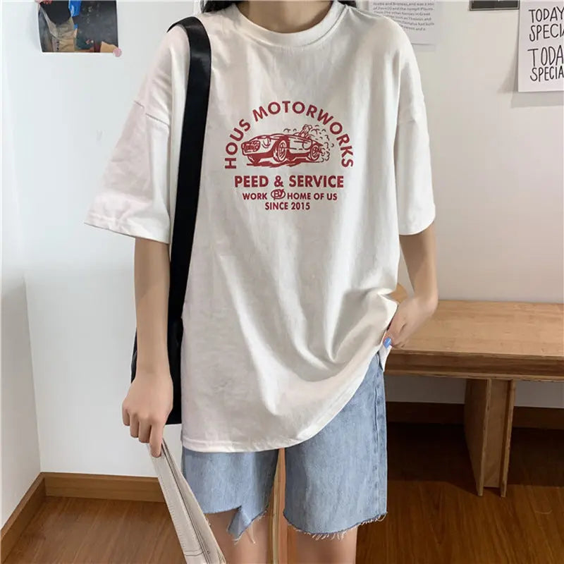 Women Short Sleeve T-shirts Print Casual Korean Style Fashion Harajuku Loose O-neck Student Streetwear All-match Simple Alamode