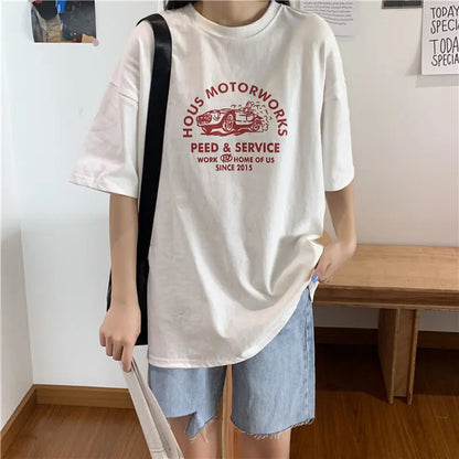 Women Short Sleeve T-shirts Print Casual Korean Style Fashion Harajuku Loose O-neck Student Streetwear All-match Simple Alamode