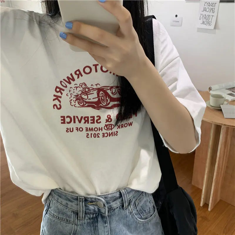 Women Short Sleeve T-shirts Print Casual Korean Style Fashion Harajuku Loose O-neck Student Streetwear All-match Simple Alamode