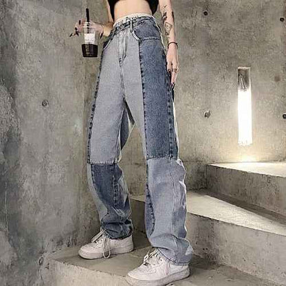 Women's Harajuku Style Retro Colorblock High Waist Jeans Alamode