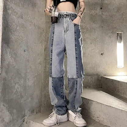 Women's Harajuku Style Retro Colorblock High Waist Jeans Alamode