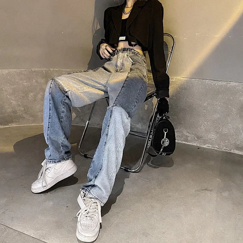 Women's Harajuku Style Retro Colorblock High Waist Jeans Alamode