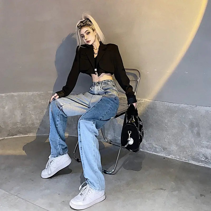 Women's Harajuku Style Retro Colorblock High Waist Jeans Alamode