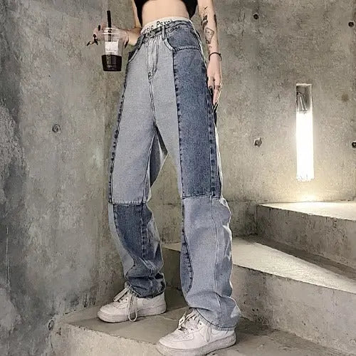 Women's Harajuku Style Retro Colorblock High Waist Jeans Alamode