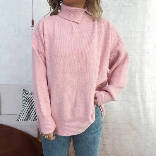 Women's Simple And Irregular Split Turtleneck Solid Color Knitted Pullover Alamode