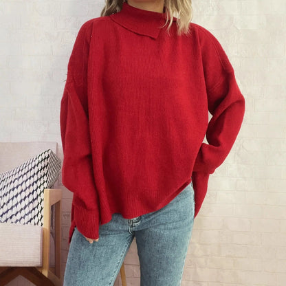 Women's Simple And Irregular Split Turtleneck Solid Color Knitted Pullover Alamode
