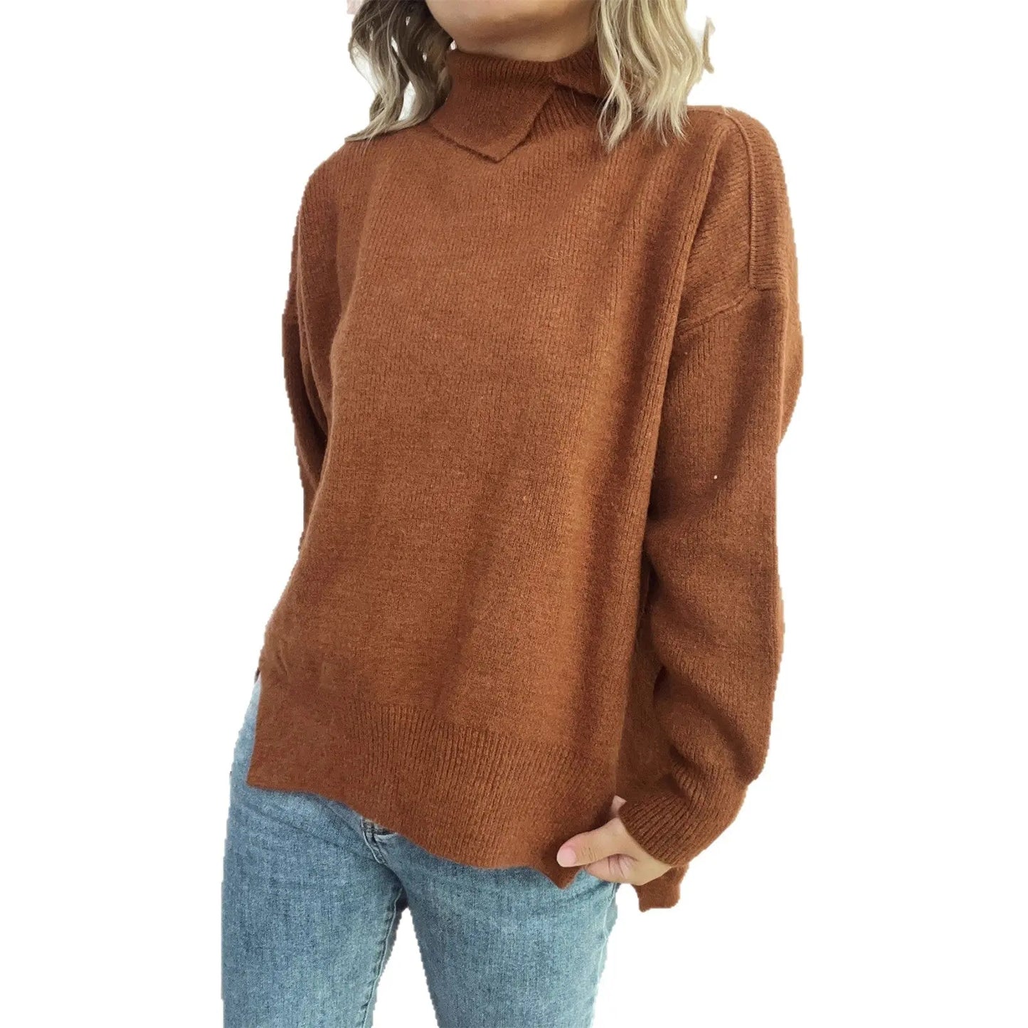Women's Simple And Irregular Split Turtleneck Solid Color Knitted Pullover Alamode