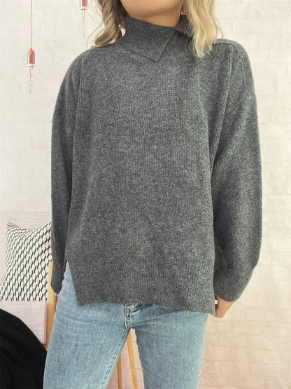 Women's Simple And Irregular Split Turtleneck Solid Color Knitted Pullover Alamode