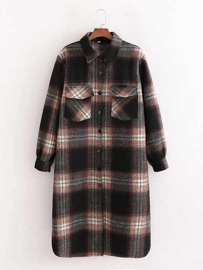 Women's Slim Dark Brown Woolen Plaid Jacket - The elite ways