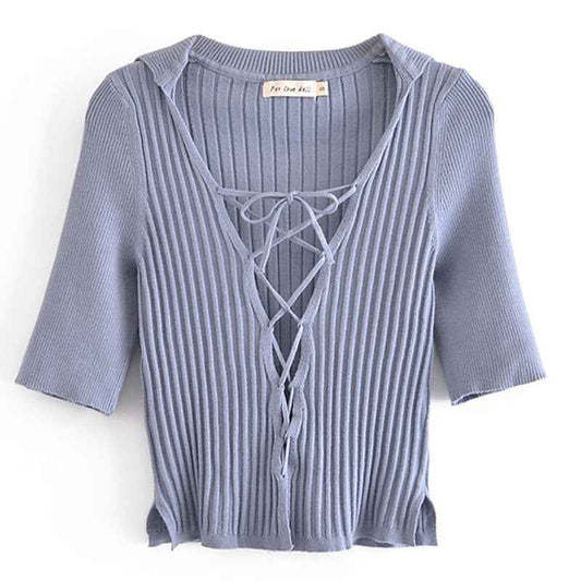 Lapel Slim Cross Drawstring Strap Pure Color All-match Half Sleeve Knit Top Dark Purple Cardigan.