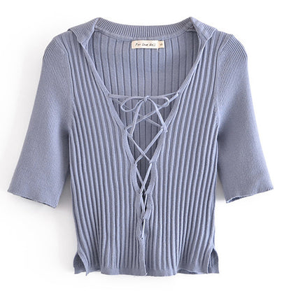Lapel Slim Cross Drawstring Strap Pure Color All-match Half Sleeve Knit Top Dark Purple Cardigan.