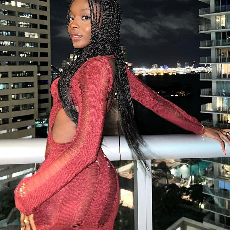 Fashion Slim Fit Hollow Long Sleeve Dress Y2K Sexy Backless Hip-hugging Short Dresses Womens Clothing Alamode