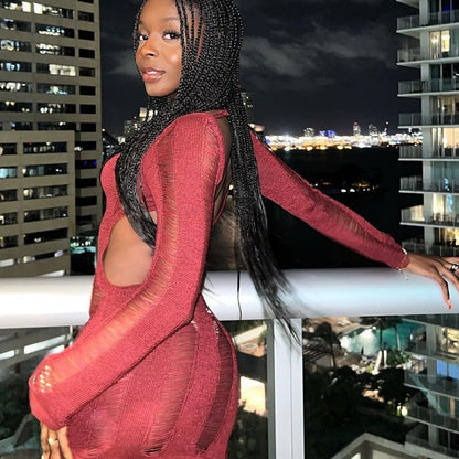 Fashion Slim Fit Hollow Long Sleeve Dress Y2K Sexy Backless Hip-hugging Short Dresses Womens Clothing Alamode