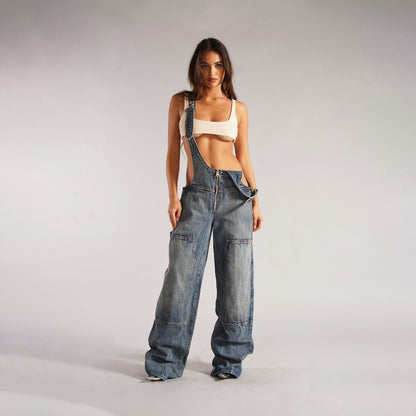 Y2K Zipper Denim Overalls With Pockets Fashion Loose Suspender Jumpsuit Streetwear Jeans Pants Womens Clothing Alamode