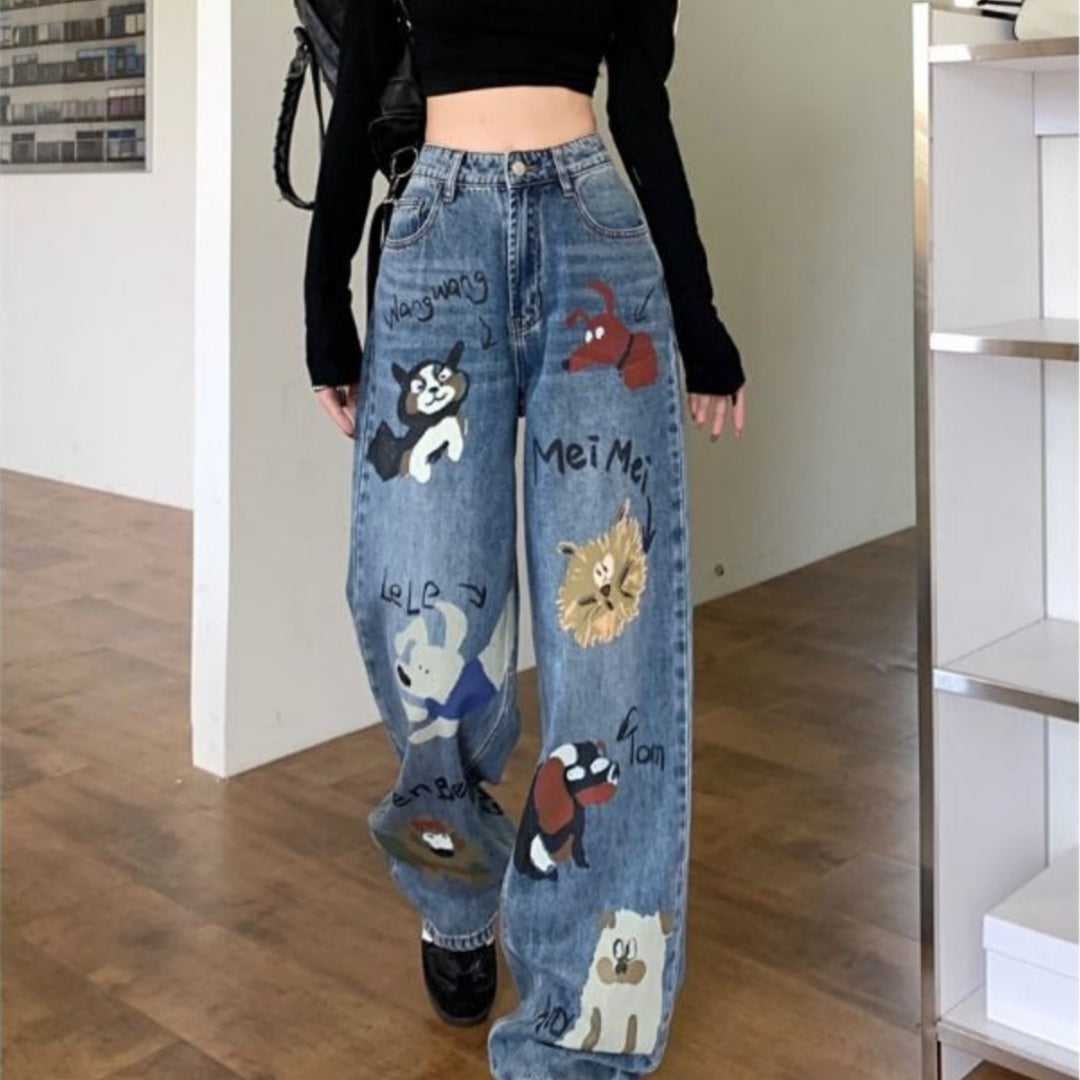 Female American retro high street graffiti jeans Alamode