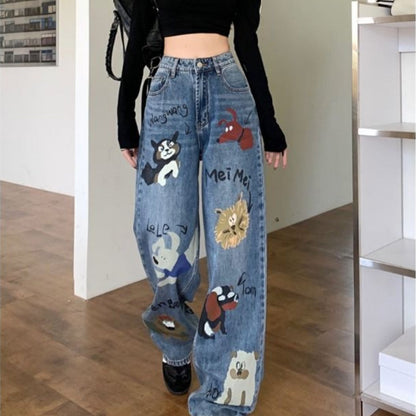 Female American retro high street graffiti jeans Alamode
