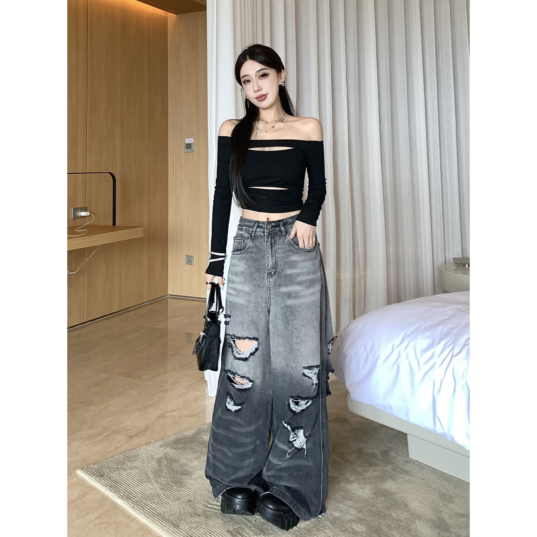Gradient Color Big Ripped Hot Girl Wide Leg Jeans For Women Alamode
