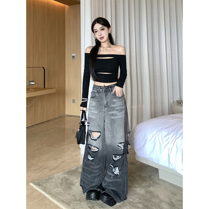 Gradient Color Big Ripped Hot Girl Wide Leg Jeans For Women Alamode