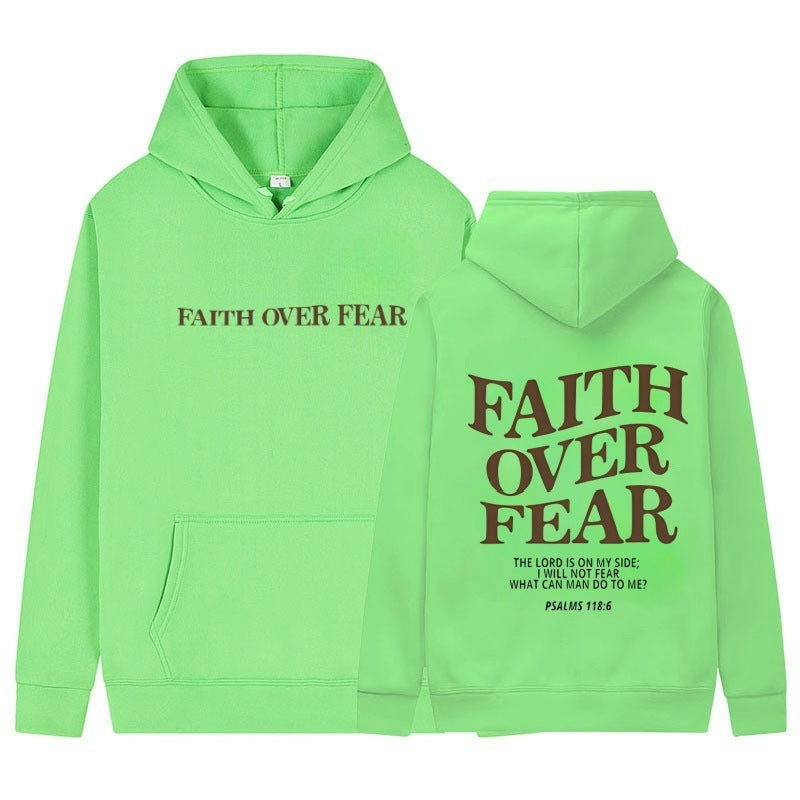 The Faith Over Fear Christian Hoodie features "FAITH OVER FEAR" in brown on the front, large lettering with Psalms 118:6 on the back, offering an uplifting Bible verse and stylish unisex design for Christian inspiration.