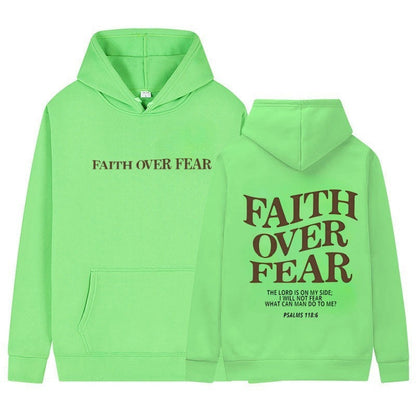 The Faith Over Fear Christian Hoodie features "FAITH OVER FEAR" in brown on the front, large lettering with Psalms 118:6 on the back, offering an uplifting Bible verse and stylish unisex design for Christian inspiration.